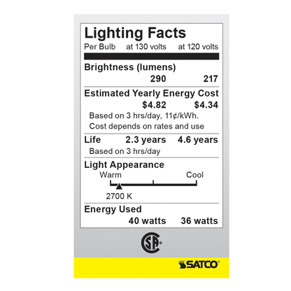 40 Watt A15 Incandescent; Frost; Appliance Lamp; 2500 Average rated hours; 290/217 Lumens; Medium base; 130/120 Volt