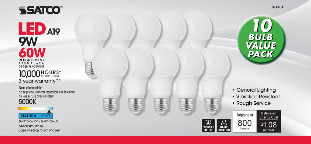 9 Watt A19 LED; 5000K; Medium base; 220 deg. Beam Angle; 10-Pack