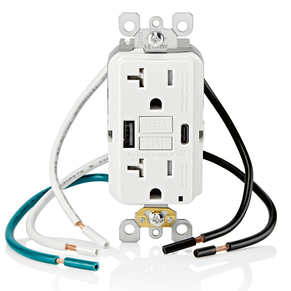 20A SmartlockPro® Self-Test GFCI Combination 24W(4.8A) Type A/C USB In-Wall Charger Outlet – White