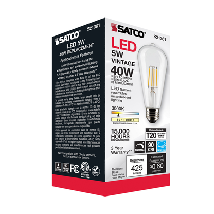 5 Watt ST19 LED; Clear; Medium base; 90 CRI; 3000K; 120 Volt