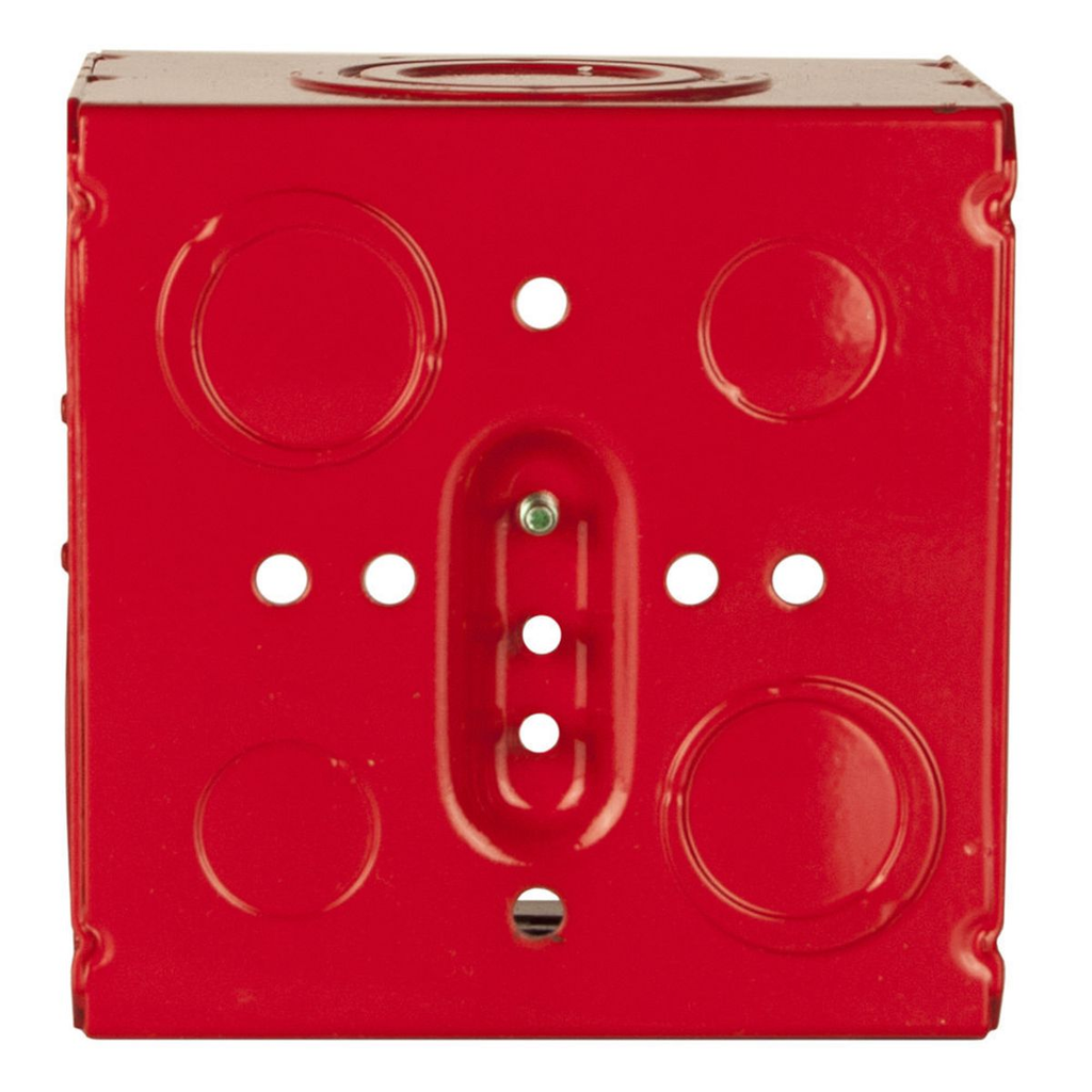 4-11/16 in. Life Safety Square Box, Welded, 3-1/4 in. Deep, (4) 1/2 in.- 3/4 in. TKO; (2) 1 in. - 1-1/4 in. TKO; (2) 1 in. - 2 in. Concentric KO; and (2) 3/4 in. - 1 in. TKO; (2) 1/2 in. KO, Red