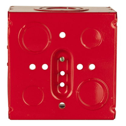 4-11/16 in. Life Safety Square Box, Welded, 3-1/4 in. Deep, (4) 1/2 in.- 3/4 in. TKO; (2) 1 in. - 1-1/4 in. TKO; (2) 1 in. - 2 in. Concentric KO; and (2) 3/4 in. - 1 in. TKO; (2) 1/2 in. KO, Red