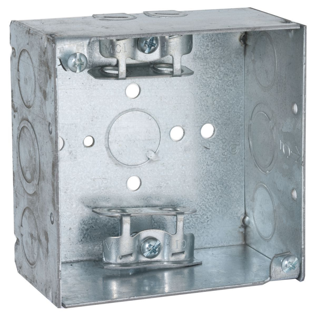 4 in. Square Box, Welded, 2-1/8 in. Deep with AC/MC/Flex Clamps, Five 1/2 in. KO's and Two TKO's