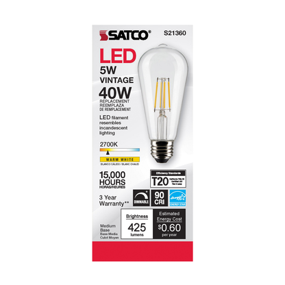 5 Watt ST19 LED; Clear; Medium base; 90 CRI; 2700K; 120 Volt
