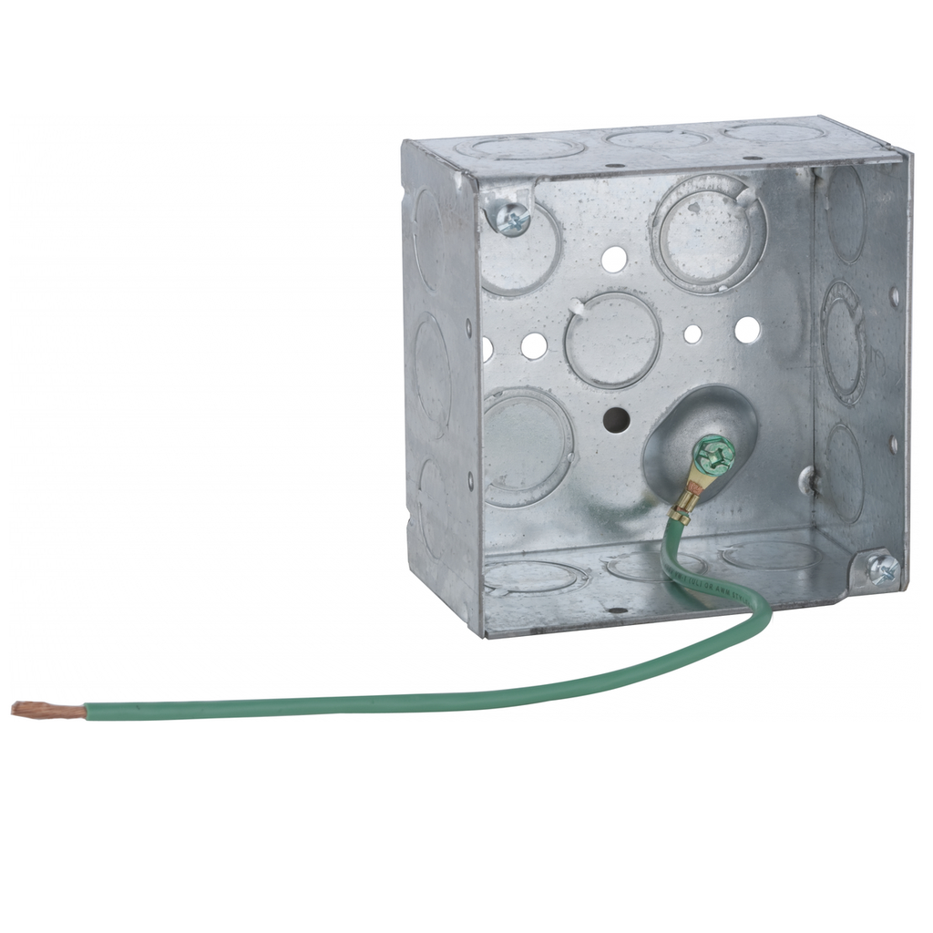 4 in. Square Box, Welded, 2-1/8 in. Deep, Ten 1/2 in KO's & Six TKO's, Raised Ground, 10 in. #12 Stranded Copper Pigtail