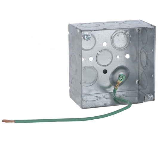 4 in. Square Box, Welded, 2-1/8 in. Deep, Ten 1/2 in KO's & Six TKO's, Raised Ground, 10 in. #12 Stranded Copper Pigtail