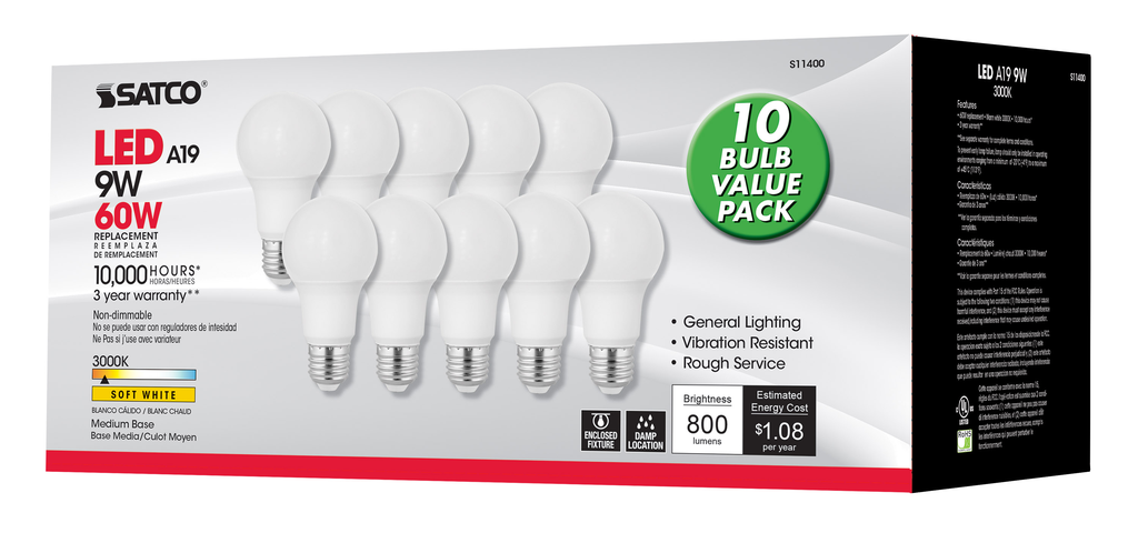 9 Watt A19 LED; 3000K; Medium base; 220 deg. Beam Angle; 10-Pack