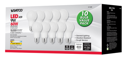 9 Watt A19 LED; 3000K; Medium base; 220 deg. Beam Angle; 10-Pack