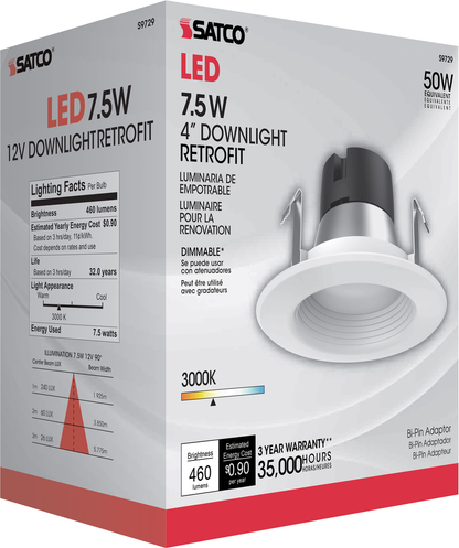 7.5 watt LED Downlight Retrofit; 4'' Baffle; 3000K; GU5.3 socket for MR16 retrofit; 12 volts