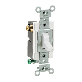 20 Amp 120/277V, Toggle 3-Way AC Quiet Switch, Com Spec Grade, Grounding, Side Wired  WHT