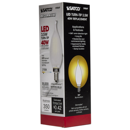 3.5 Watt CFC LED; Frosted; Candelabra base; 2700K; 350 Lumens; 120 Volt