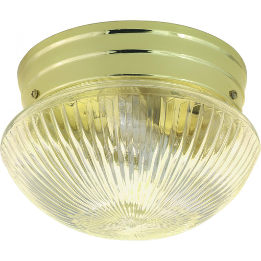 2 Light - 10" Flush with Clear Ribbed Glass - Polished Brass Finish