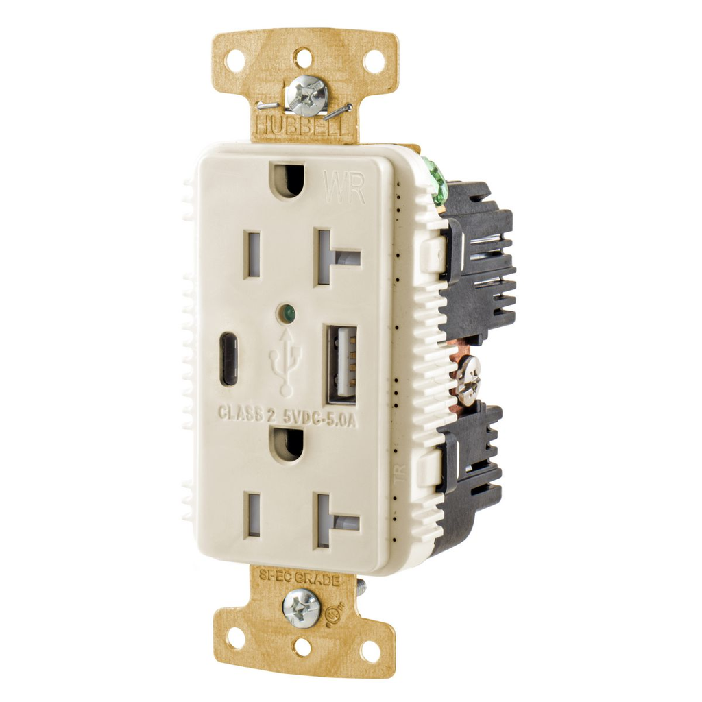 20A/125V Tamper Resistant/Weather Resistant Duplex Receptacle & Type A & C USB Ports, Light Almond