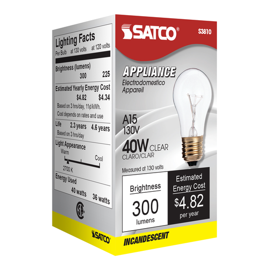 40 Watt A15 Incandescent; Clear; Appliance Lamp; 2500 Average rated hours; 300/225 Lumens; Medium base; 130/120 Volt