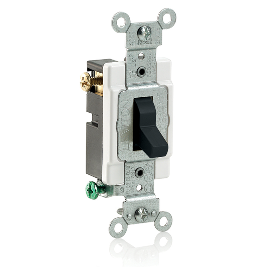 20 Amp, 120/277 Volt, Toggle 3-Way AC Quiet Switch, Heavy Duty Specification Grade, Grounding, Side Wired - BLACK