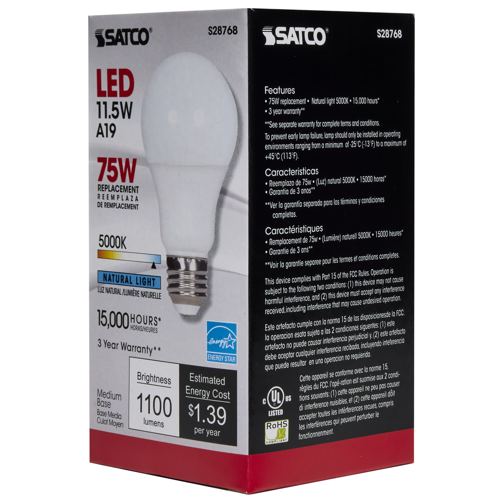 11.5 Watt; A19 LED; 5000K; Medium base; 220 deg. Beam Angle;120 Volt