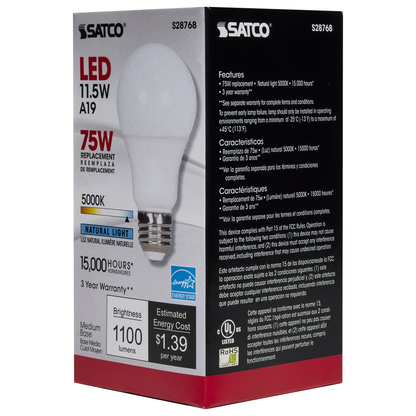 11.5 Watt; A19 LED; 5000K; Medium base; 220 deg. Beam Angle;120 Volt