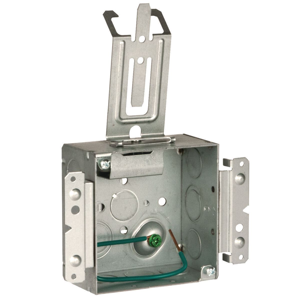4 in. Square Box, Welded with STAB-IT® Connector, 2-1/8 in. Deep, Raised Ground, 8 in. #12 Solid Copper Pigtail, UBS, M Bracket, Cable Management Clip
