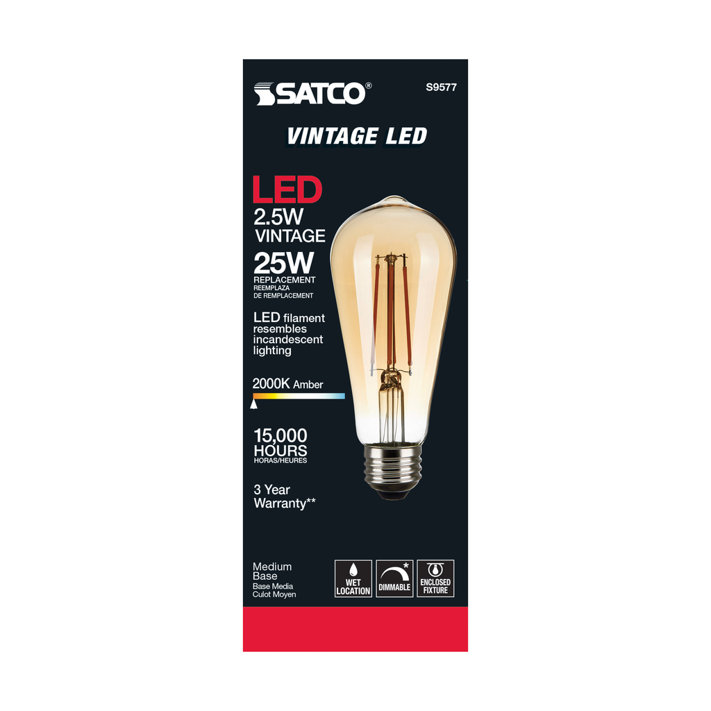 2.5 Watt ST19 LED; Transparent Amber; Medium base; 2000K; 220 Lumens; 120 Volt