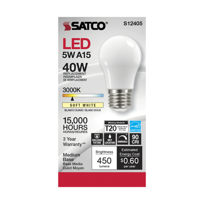 5 Watt LED A15; Soft White; 3000K; Medium base; 90 CRI; 120 Volt