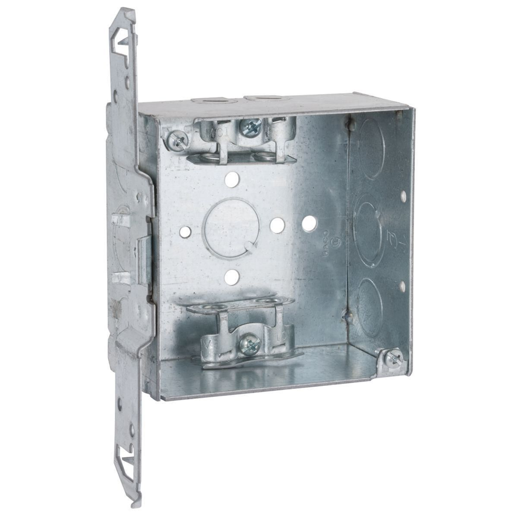 4 in. Square Box, Welded, 2-1/8 in. Deep with AC/MC/Flex Clamps, Three 1/2 in. KO's and One TKO, TS Bracket, Flush