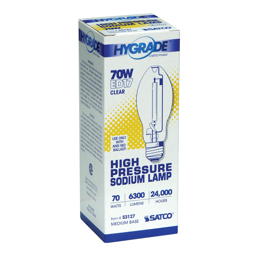70 Watt; High Pressure Sodium HID; Medium base; ED17; Clear; 22 CRI; 2100K