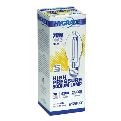 70 Watt; High Pressure Sodium HID; Medium base; ED17; Clear; 22 CRI; 2100K