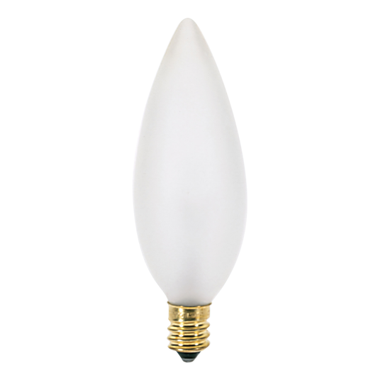 40 Watt BA9 1/2 Incandescent; Frost; 1500 Average rated hours; 384 Lumens; Candelabra base; 120 Volt