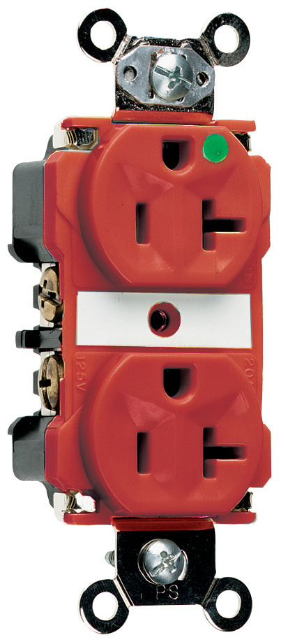 20A 125V Extra Heavy Duty Hospital-Grade Duplex Receptacle, Back and Side Wire, Red