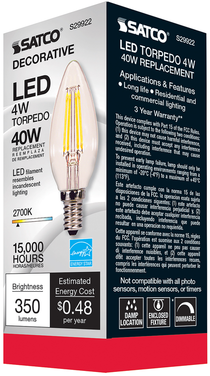 4 Watt B11 LED; Clear; Candelabra base; 2700K; 350 Lumens; 120 Volt