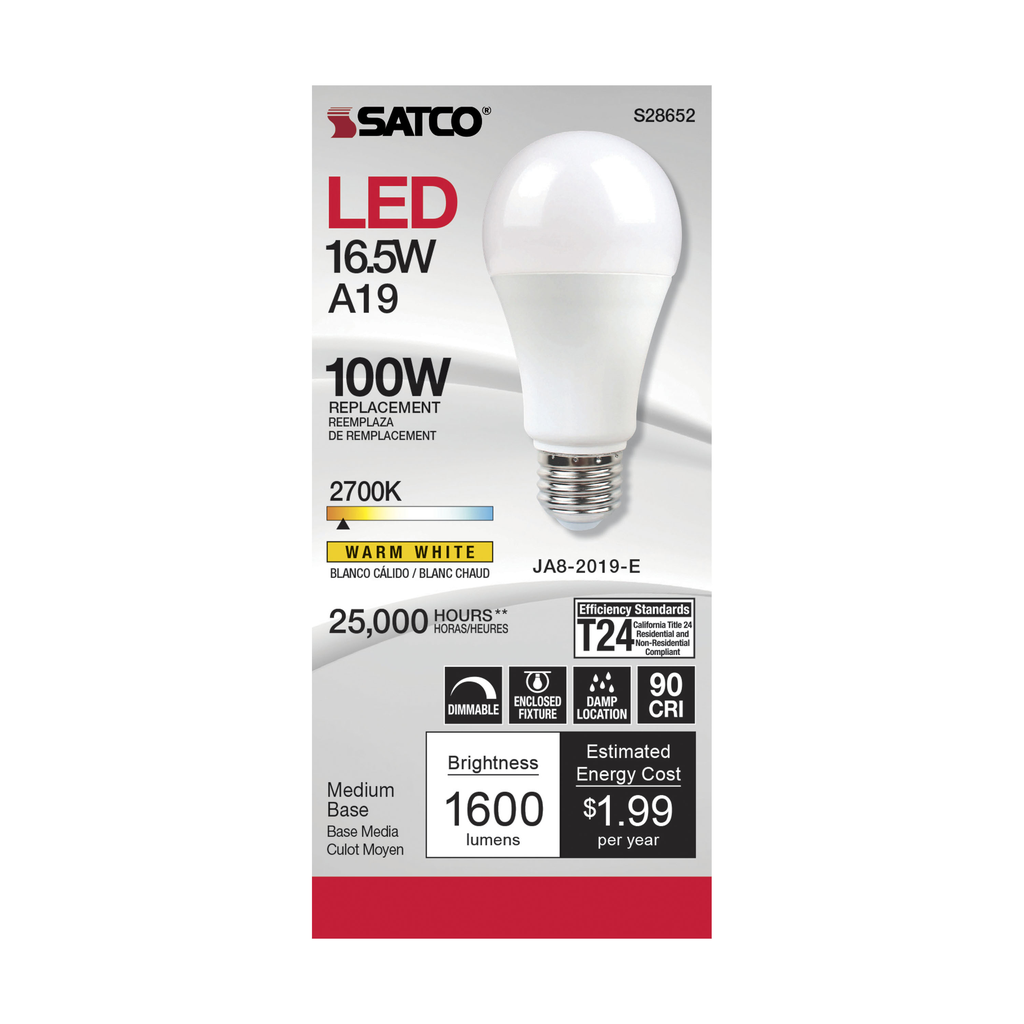 16.5 Watt; A19 LED; 90CRI; 2700K; Medium base; 220 deg. Beam Angle; 120 Volt; 1600 Lumens; CEC