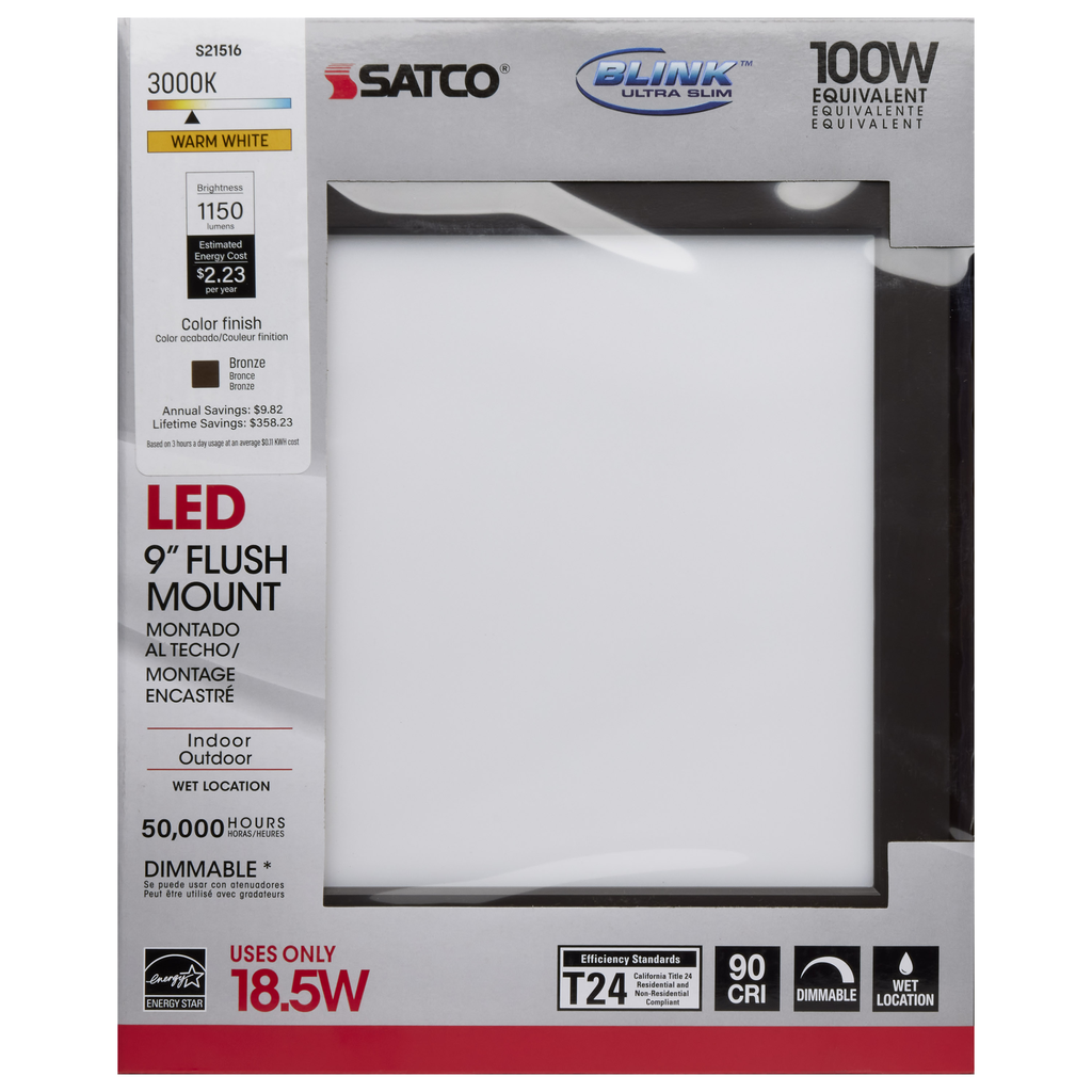 18.5 watt; 9" Flush Mount LED Fixture; 3000K; Square Shape; Bronze Finish; 120 volts