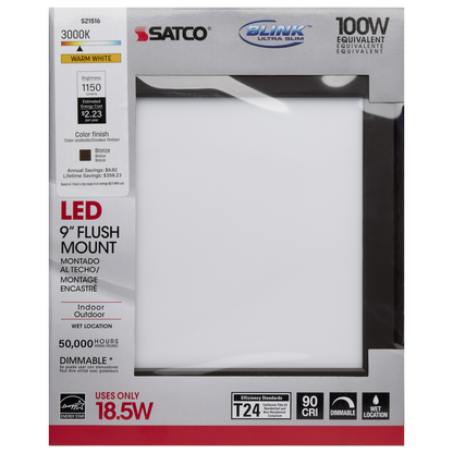 18.5 watt; 9" Flush Mount LED Fixture; 3000K; Square Shape; Bronze Finish; 120 volts