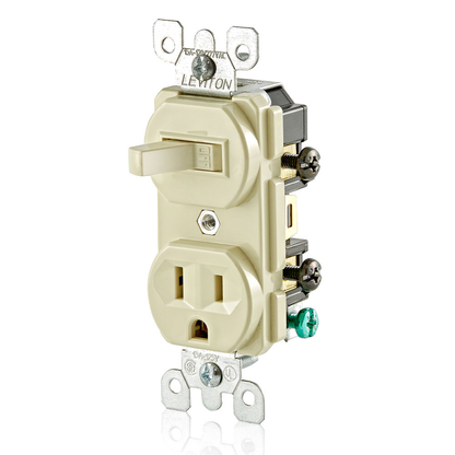 15 Amp, 120 Volt, Duplex Style Single-Pole / 5-15R AC Combination Switch, Commercial Grade, Grounding, Side Wired, Ivory