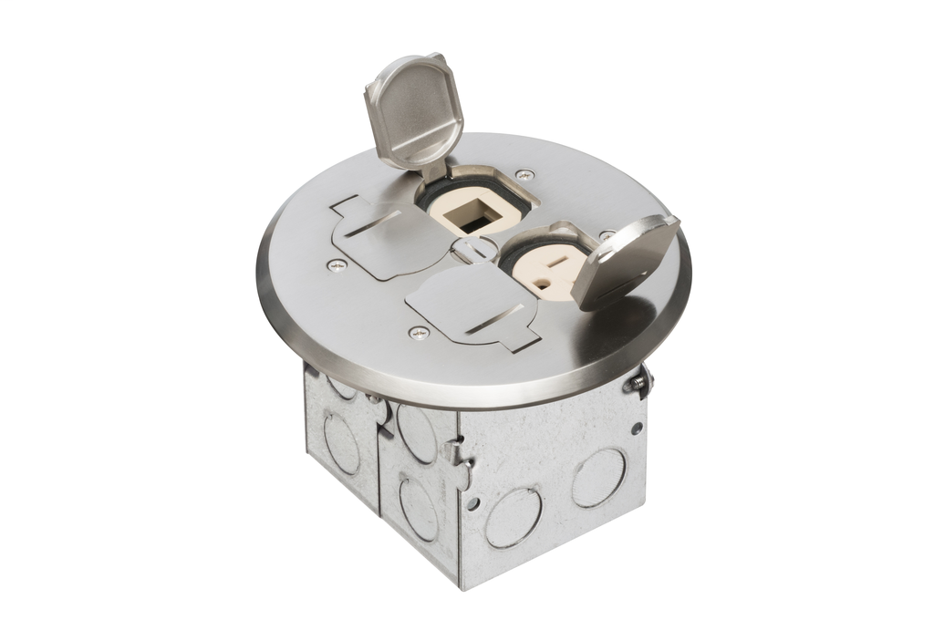 A combination floor box kit with installed low voltage devider. Includes four flip lids and gasket, One low voltage device and one 110v receptacle. Round Nickel Plated Cover.