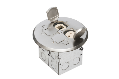 A combination floor box kit with installed low voltage devider. Includes four flip lids and gasket, One low voltage device and one 110v receptacle. Round Nickel Plated Cover.
