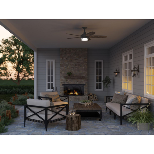 Architectural bronze-finished ceiling fan with white opal shade.