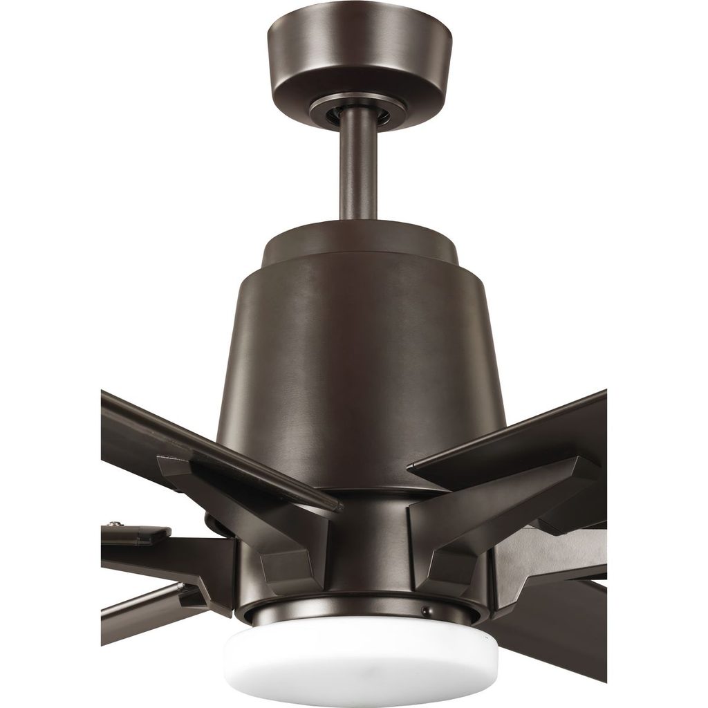 Architectural bronze-finished ceiling fan with white opal shade.