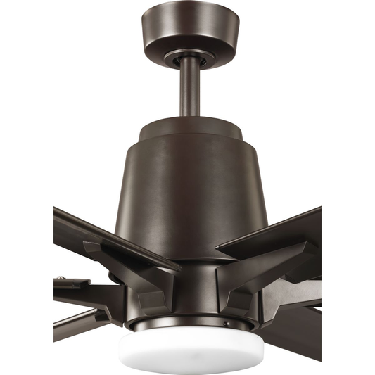 Architectural bronze-finished ceiling fan with white opal shade.