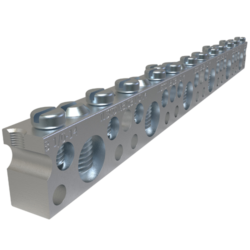 Aluminum Neutral Bar, Dual Rated, Large Conductor Range 1/0-14, Small Range 6-14, 6 Large Ports, 15 Small Ports, 2 Holes, #10 Bolt, UL, CSA