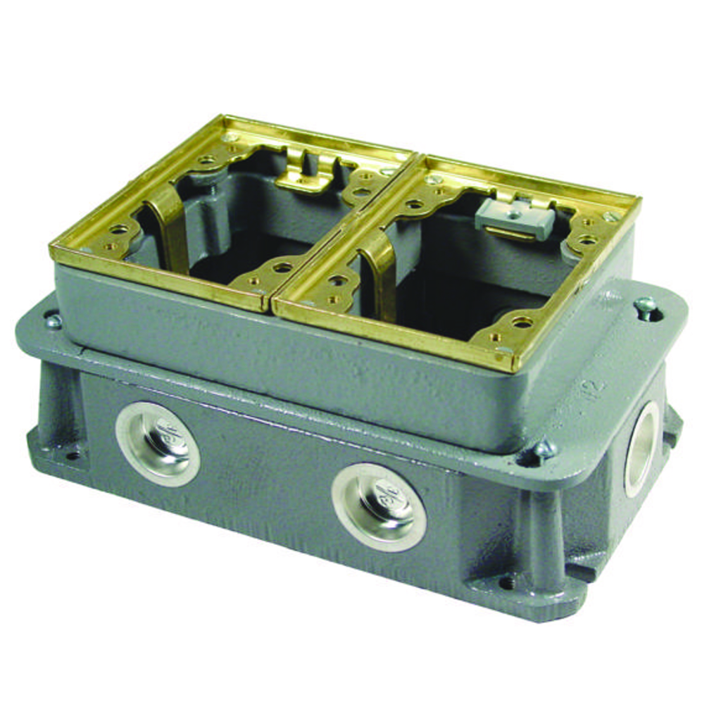 2-Gang, Rectangular Cast Iron Box, Deep, Fully Adjustable, Brass Top