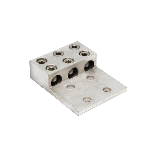 Aluminum Universal Terminal, 3 Conductor, 4 Hole, 2 AWG (Str)-600 kcmil, 1/2" Stud, 1.75" Stud Hole Spacing, 6 Screws, Al/Cu Rated, Tin Plated