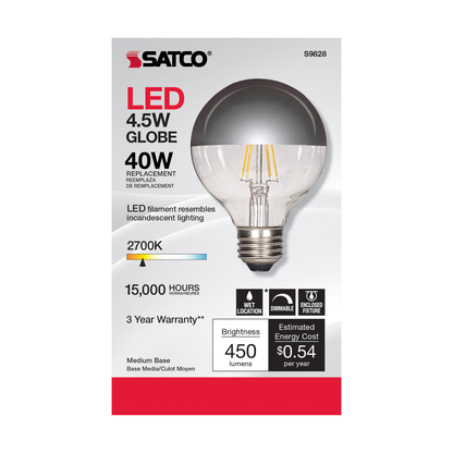 4.5 Watt G25 LED; Silver crown; Medium base; 2700K; 430 Lumens; 120 Volt