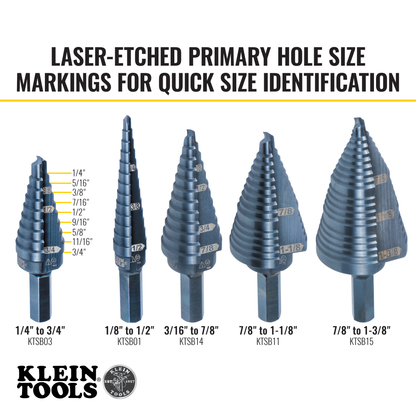 9-Step Drill Bit, 3/8-Inch Hex, Double Straight Flute, 1/4-Inch to 3/4-Inch