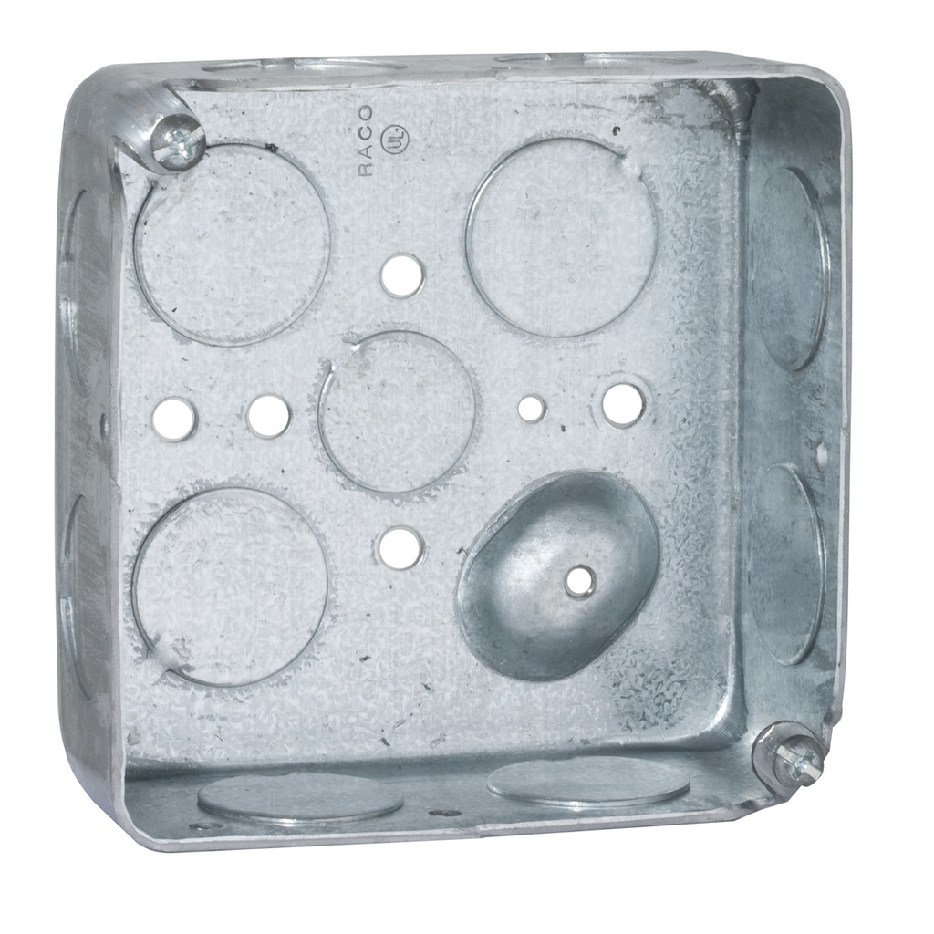 4" Squ Box, Drawn, 1-1/2 in. Deep with one 1/2 in. and eleven 3/4 in. KO's, Raised Ground