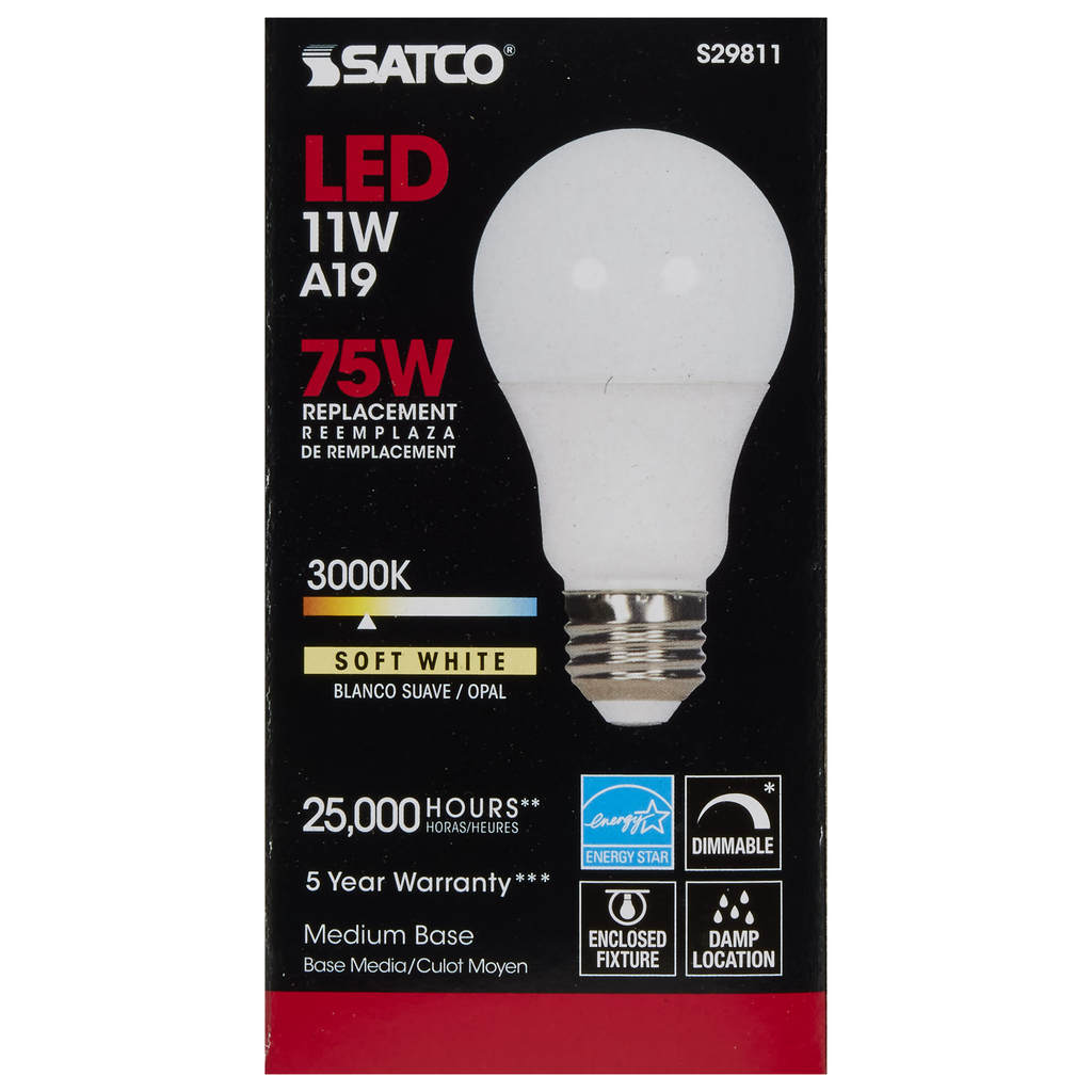 11 Watt; A19 LED; 3000K; Medium base; 220 deg. Beam Angle; 120 Volt