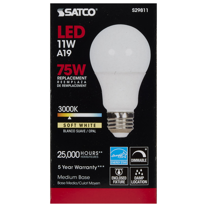 11 Watt; A19 LED; 3000K; Medium base; 220 deg. Beam Angle; 120 Volt