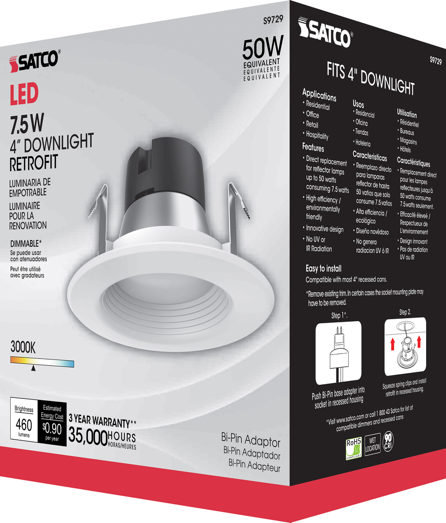 7.5 watt LED Downlight Retrofit; 4'' Baffle; 3000K; GU5.3 socket for MR16 retrofit; 12 volts