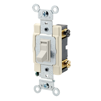 15 Amp-120/277 Volt AC, Side wired AC quiet switch, 4-way, framed toggle.  Light Almond