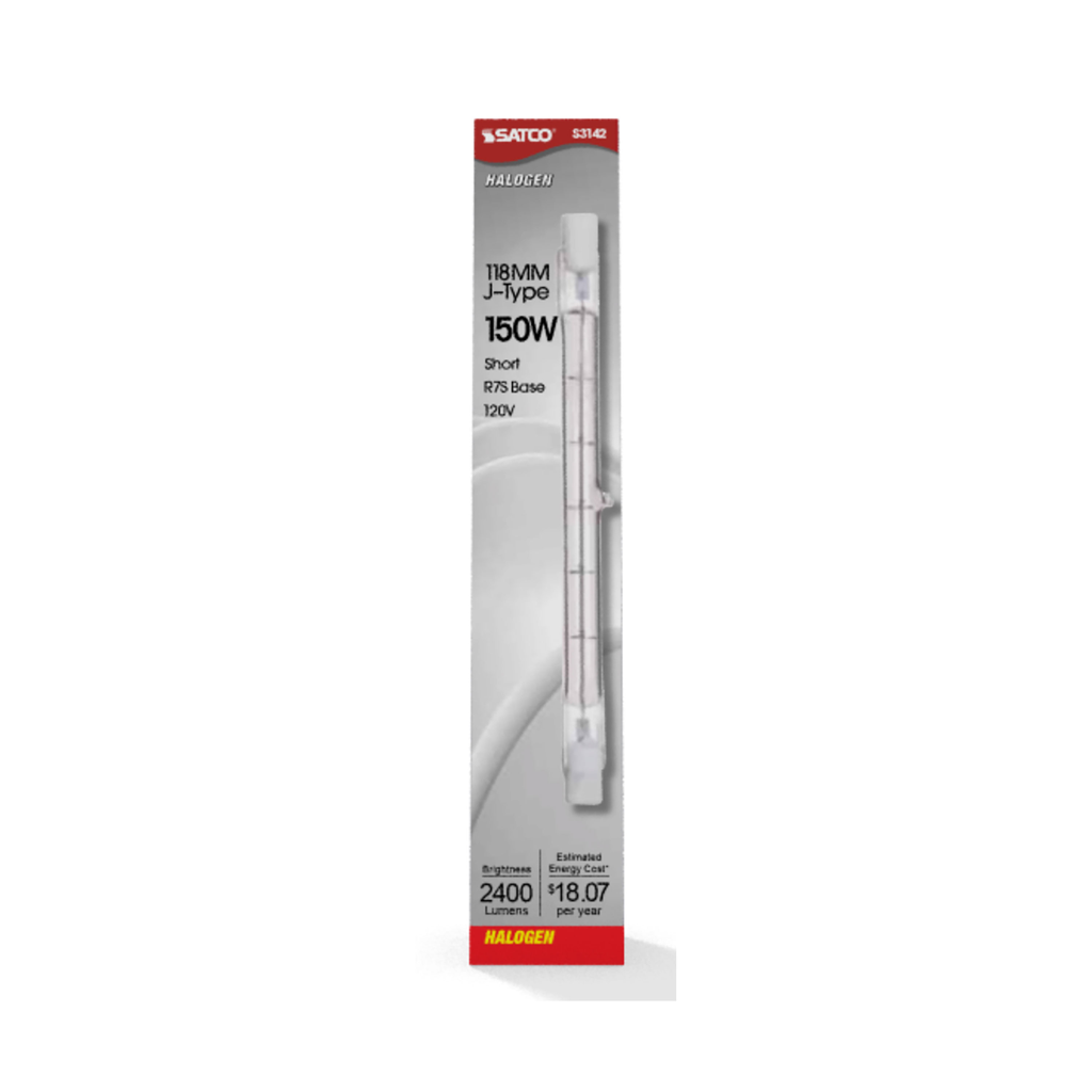 150 Watt; Halogen; T3; Clear; 1500 Average rated hours; 2400 Lumens; Double Ended base; 118mm; 120 Volt